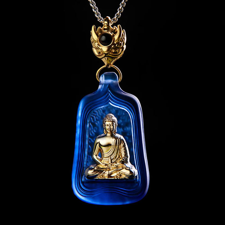 Blauer Liuli-Kristall Anhänger Buddha Gold Kette Mitgefühl
