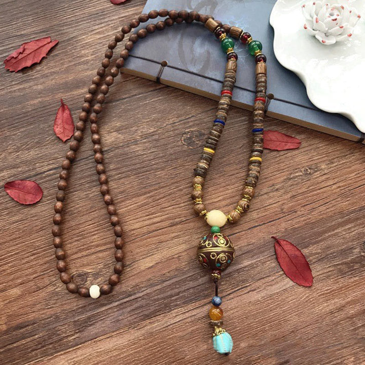 Handgefertigte Kette Kokosnussschale Kupfer Balance Anhänger Naturstein Perlen Schmuck
