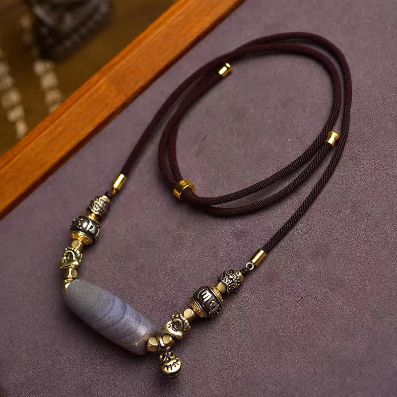 Kette Tibet Dzi – Schutz grauem Naturstein Anhänger mit goldenen Perlen