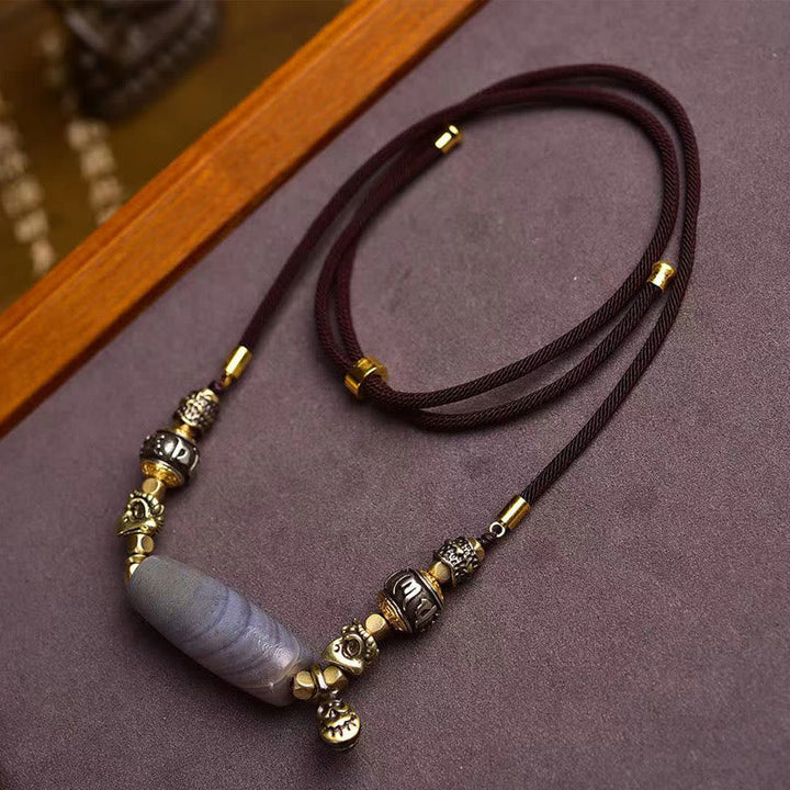 Kette Tibet Dzi – Schutz grauem Naturstein Anhänger mit goldenen Perlen