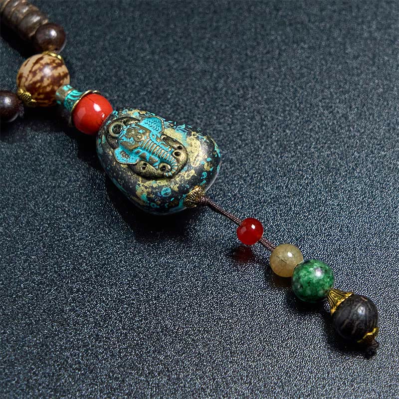 Tibetische Kette Wenge-Holz Dzi Elefant Schutz mit Naturstein Perlen