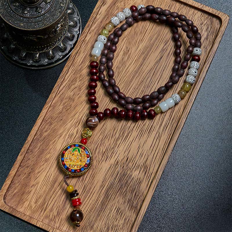 Tibetische Kette Tibetan-Holz Mala Naturperlen mit verzierten Metallteilen Anhänger