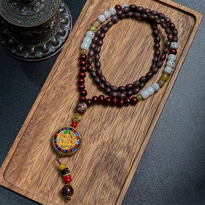 Tibetische Kette Tibetan-Holz Mala Naturperlen mit verzierten Metallteilen Anhänger