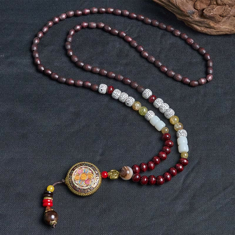 Tibetische Kette Tibetan-Holz mit roten weißen Perlen Mandala Anhänger