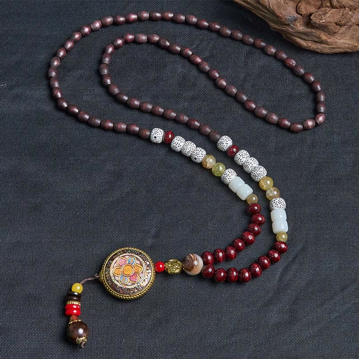 Tibetische Kette Tibetan-Holz mit roten weißen Perlen Mandala Anhänger