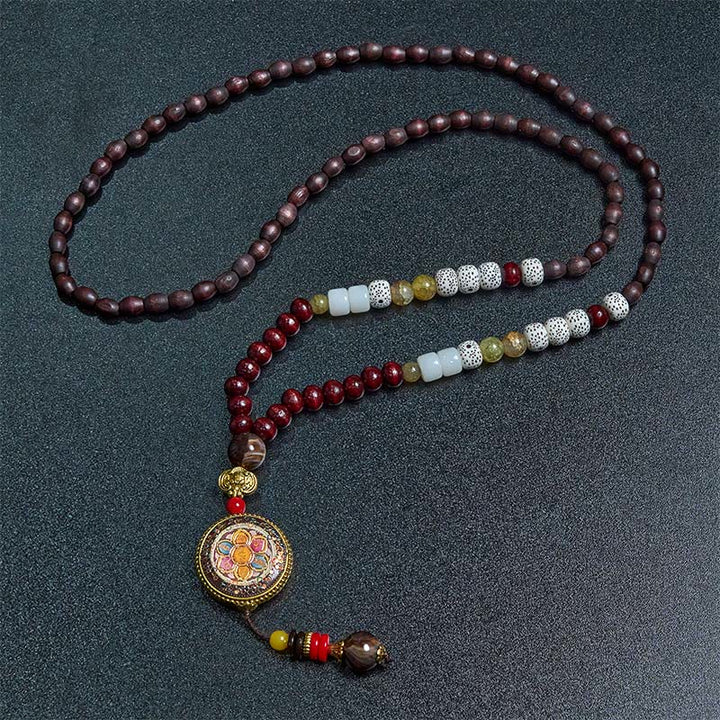 Tibetische Kette Tibetan-Holz rote Perlen mit Medaillon Anhänger Schmuck