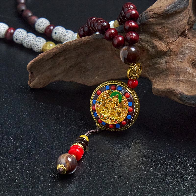 Tibetische Kette Tibetan-Holz mit roten Natursteinen buddhistischer Anhänger