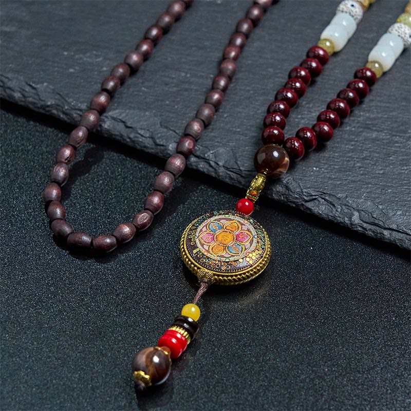 Tibetische Kette Tibetan-Holz braune Holzperlen goldenem Anhänger Schmuck