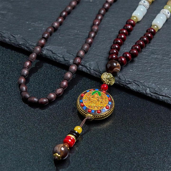 Tibetische Kette Tibetan-Holz braune Perlen farbiger Anhänger Rot Gold