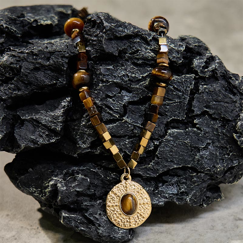 Tigerauge Anhänger Quadrat Kette Natur Gold Schutz Schmuck