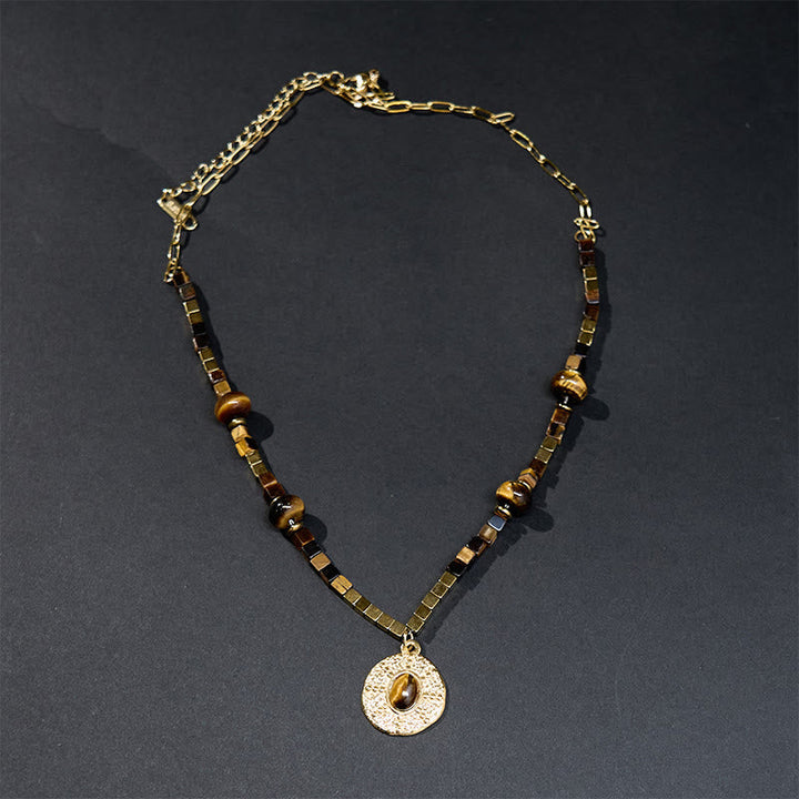 Tigerauge Anhänger Kette quadratische Natursteine goldener Schmuck