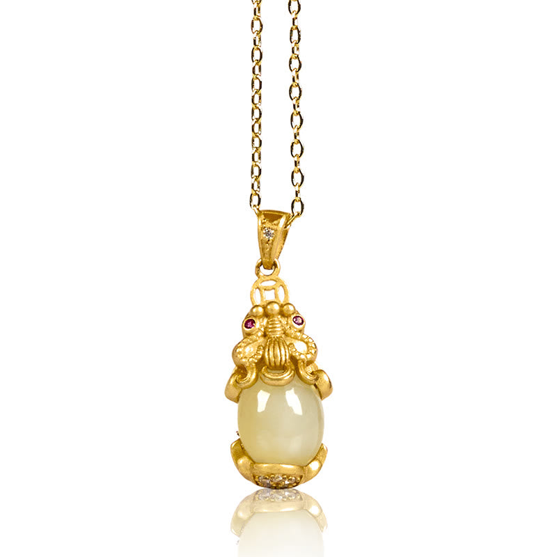 Pixiu Anhänger Kette aus weißer Jade goldene Fassung Glücksbringer
