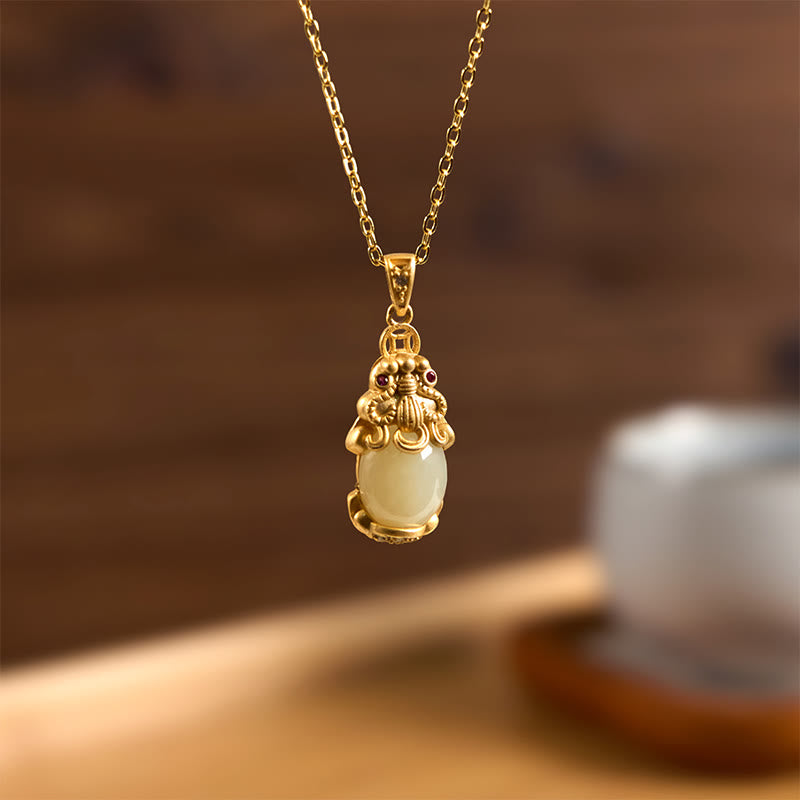 Weiße Jade Pixiu Anhänger Kette Glück Schutz Goldmontierung