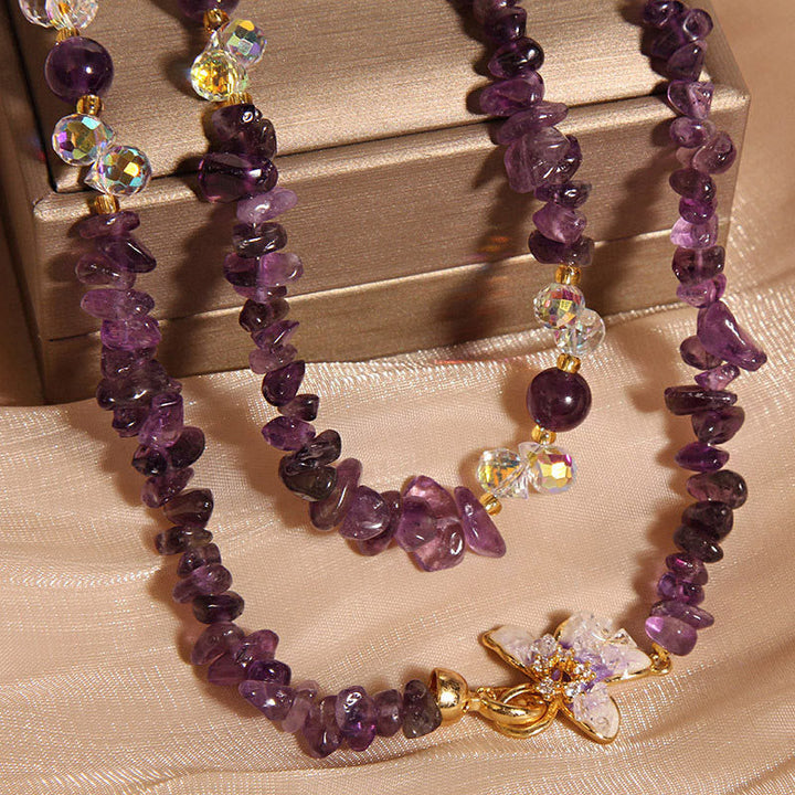 Amethyst Rosenquarz Kette mit goldenem Balance Anhänger Naturstein