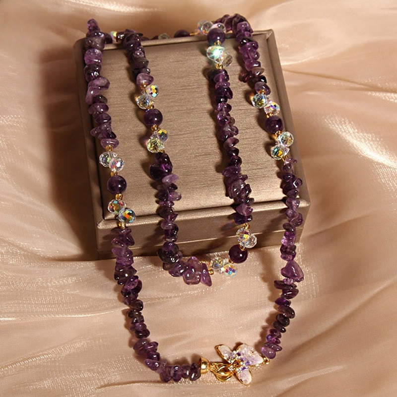 Amethyst Kette mit Blume Anhänger und Kristall Perlen Naturstein