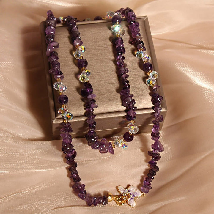 Amethyst Kette mit Blume Anhänger und Kristall Perlen Naturstein