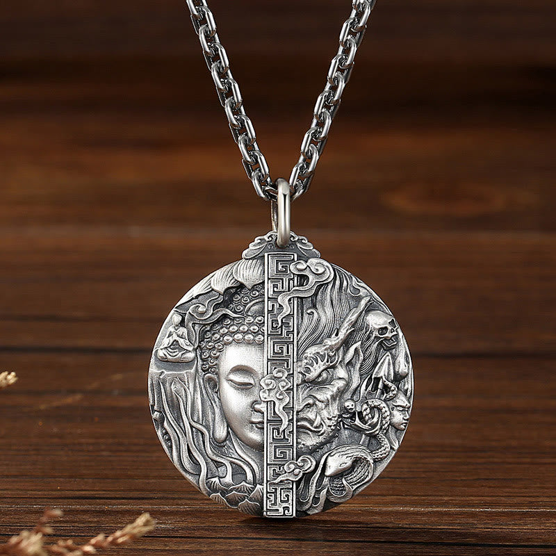 Silberne Buddha Mitgefühl Kette Anhänger doppel Gesicht Ying Yang