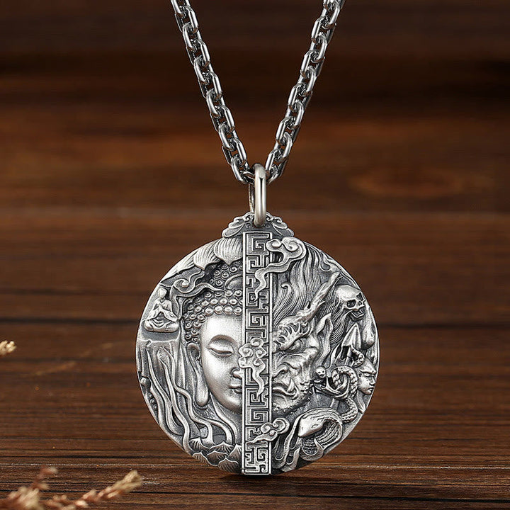 Silberne Buddha Mitgefühl Kette Anhänger doppel Gesicht Ying Yang
