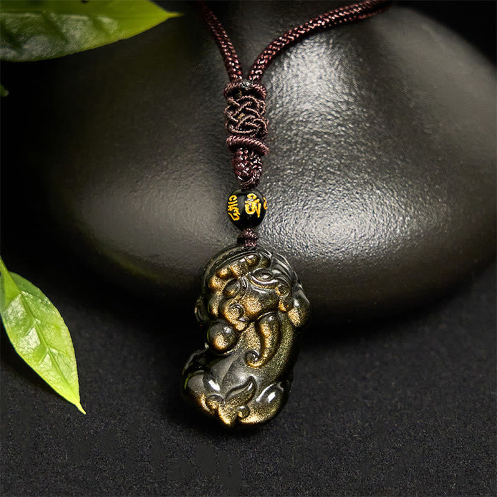 Obsidian Kette Gold Sheen Pixiu Anhänger Wohlstand Symbol getragen