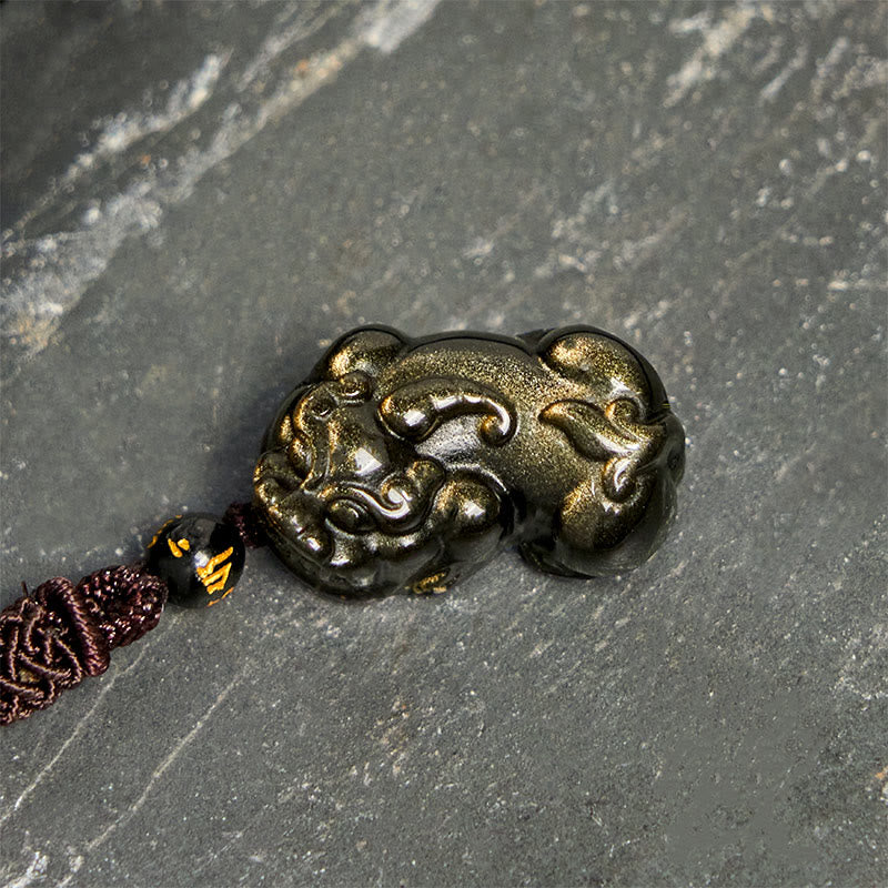 Goldener Pixiu Anhänger rote Schnur Obsidian Kette Gold Sheen Wohlstand