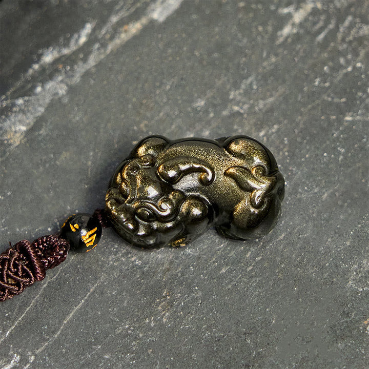 Goldener Pixiu Anhänger rote Schnur Obsidian Kette Gold Sheen Wohlstand