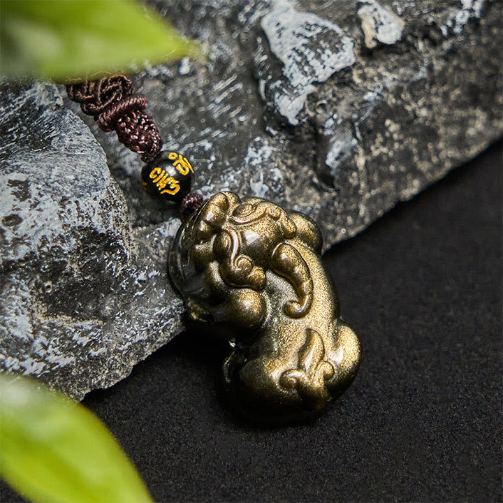 Obsidian Kette Pixiu Anhänger Gold Sheen Wohlstand schwarzer Naturstein