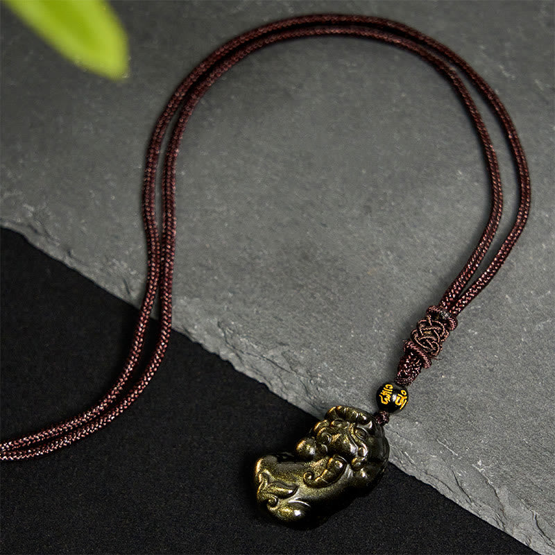 Rote Perlen Kette Gold Sheen Obsidian Pixiu Anhänger Wohlstand