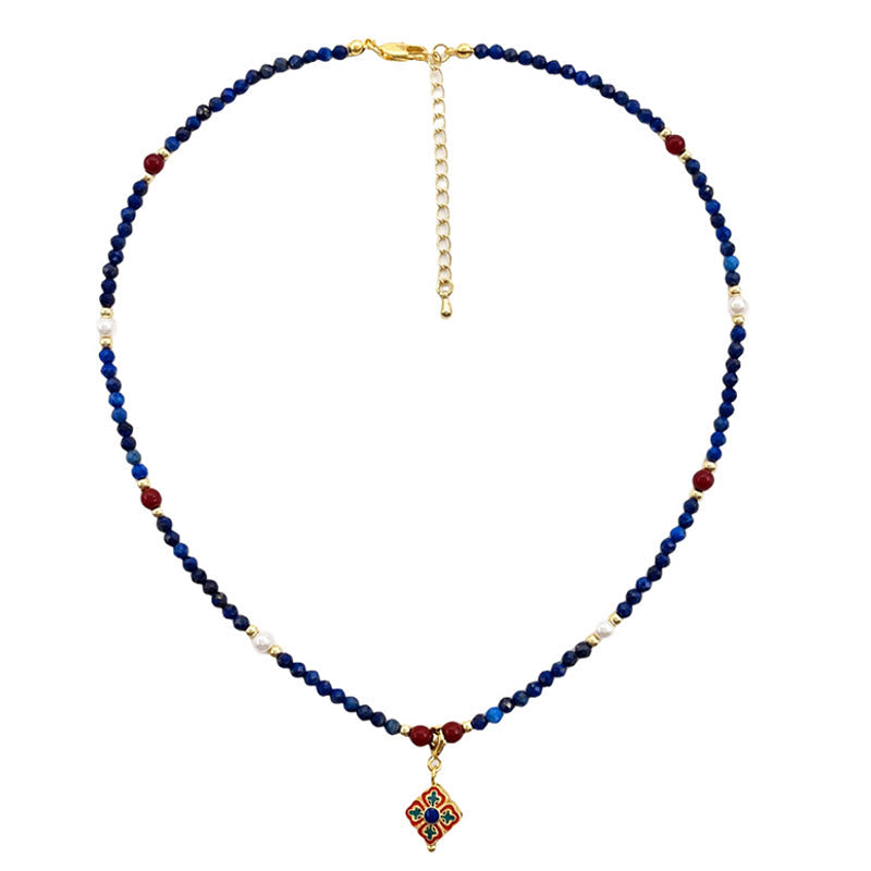 Kette Lazurit Perle Buddha Naturstein blau rot goldenem Anhänger