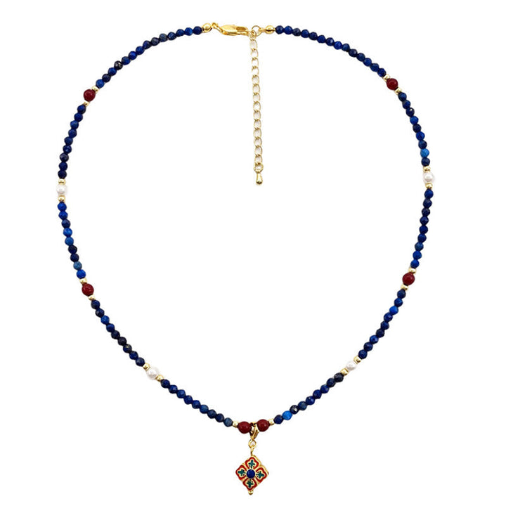Kette Lazurit Perle Buddha Naturstein blau rot goldenem Anhänger