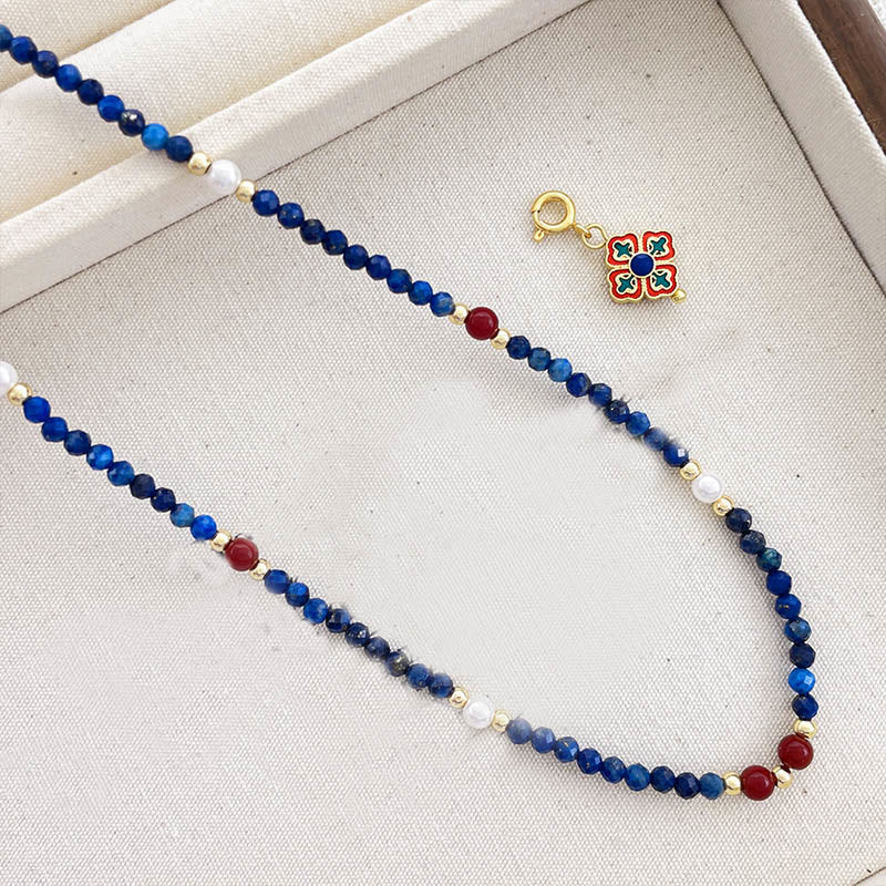 Lazurit Kette mit blauen Perlen Buddha Anhänger Naturstein Schmuck