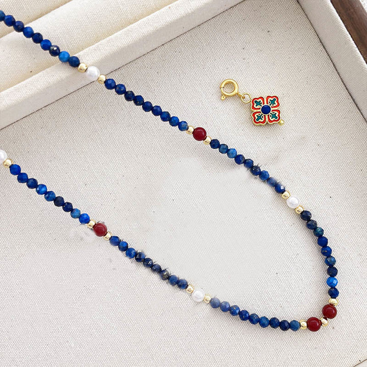 Lazurit Kette mit blauen Perlen Buddha Anhänger Naturstein Schmuck