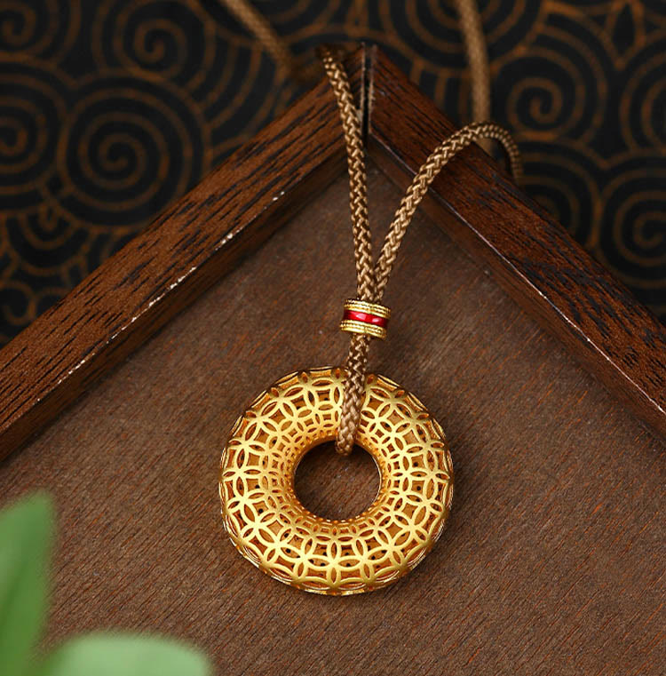 Goldene Kette Kupfer-Münze Buddha-Frieden Anhänger geometrisches Muster Frieden