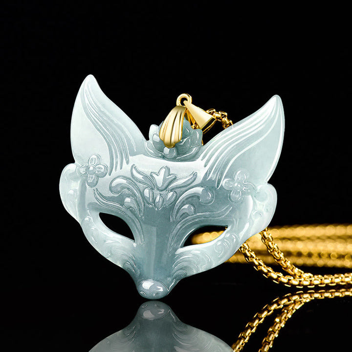 Jade Fuchs-Maske Kette Titanium Steel Anhänger grüner Naturstein Glück