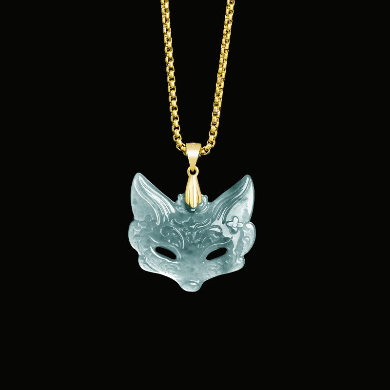 Jade Fuchs-Maske Anhänger grüner Stein Kette Gold Titanium Steel Glück