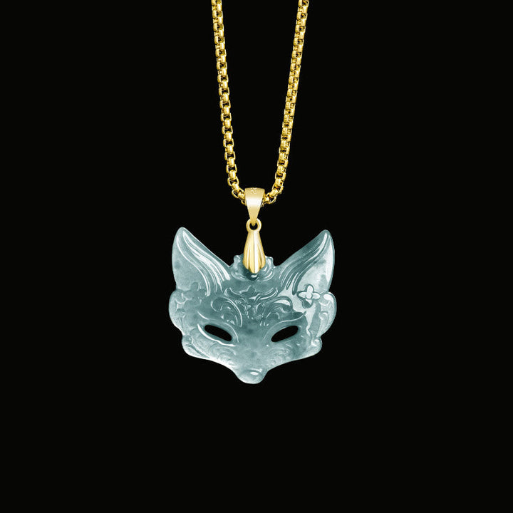 Jade Fuchs-Maske Anhänger grüner Stein Kette Gold Titanium Steel Glück