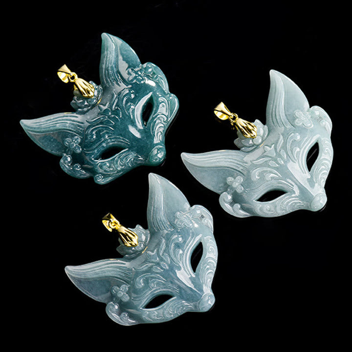 Jade Fuchs-Maske Anhänger Kette grün weiß mit goldener Schließe