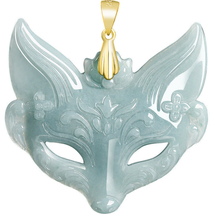 Jade Fuchs-Maske Kette Anhänger grüner Naturstein Gold Titanium Steel Glück