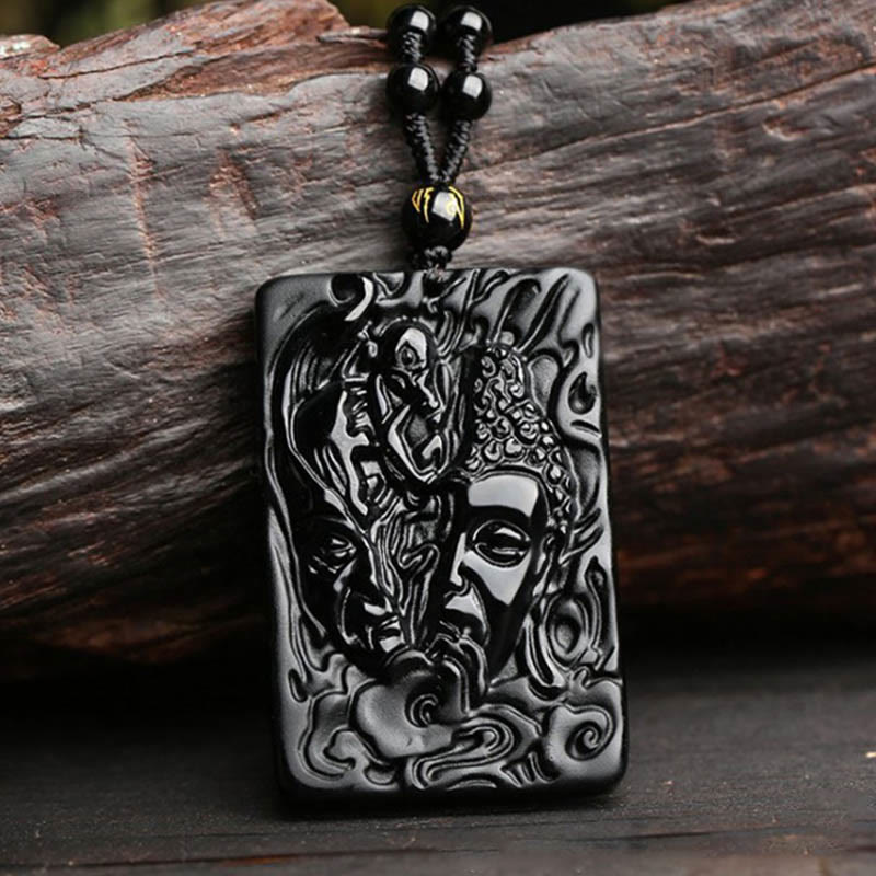 Schwarzer Obsidian Kette mit Buddha Dämonenmuster Anhänger Stärke