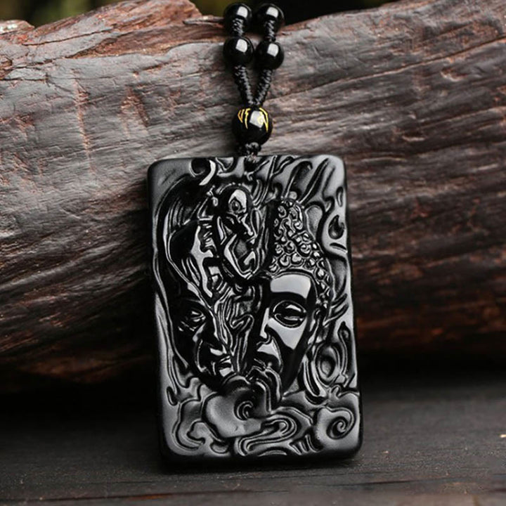 Schwarzer Obsidian Kette mit Buddha Dämonenmuster Anhänger Stärke