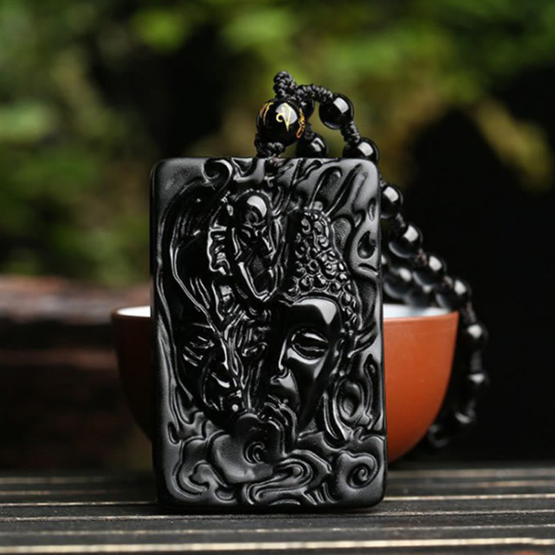 Schwarzer Obsidian Kette mit Buddha Dämonenmuster für innere Stärke