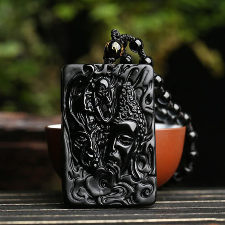 Schwarzer Obsidian Kette mit Buddha Dämonenmuster für innere Stärke