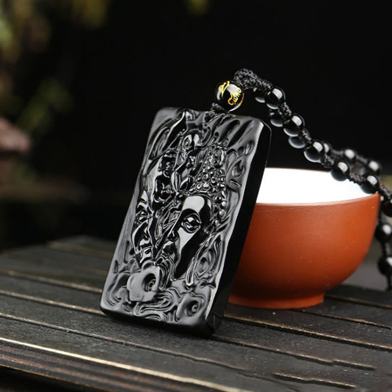 Schwarze Obsidian Kette Dämonenmuster geschnitzt Stärke Anhänger Naturstein