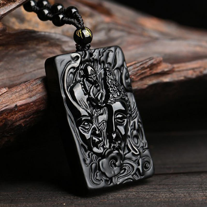 Schwarze Obsidian Kette mit Buddha Dämonenmuster Anhänger Stärke