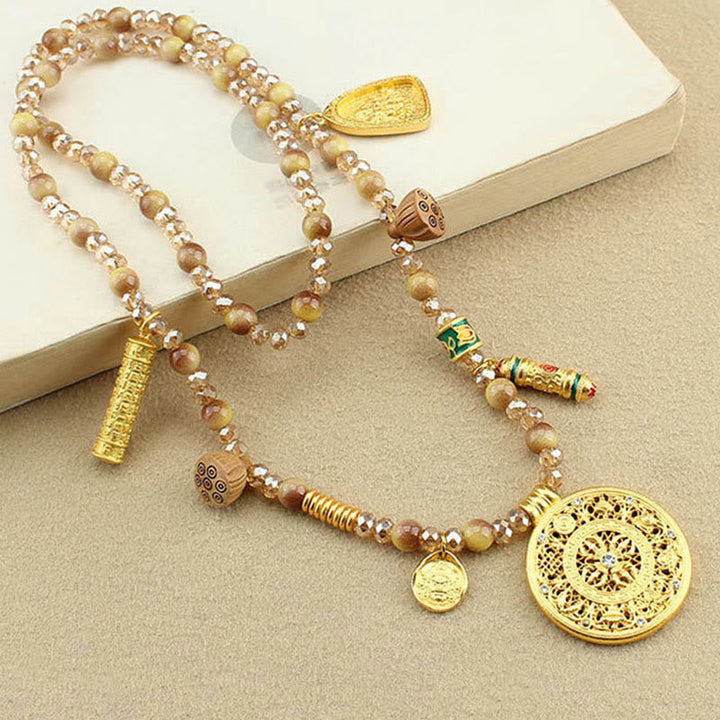 Tigerauge Edelstein Kette goldene Lotus Rundplatte Anhänger Tibet