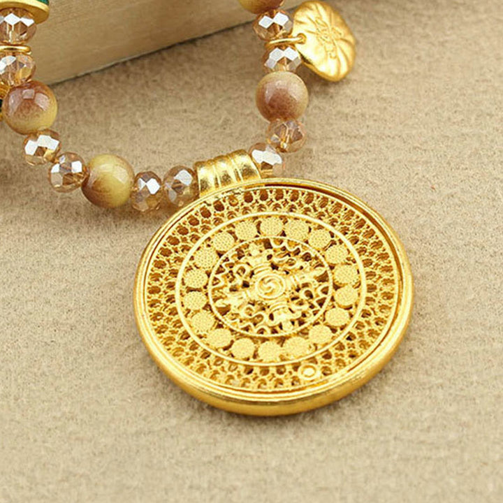 Goldene Kette mit Tigerauge Perlen Lotus Rundplatte Tibet Anhänger