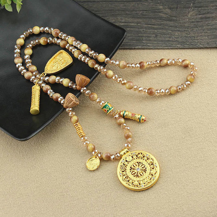 Kette Tigerauge Lotus Rundplatte Tibet Anhänger goldfarben Naturstein