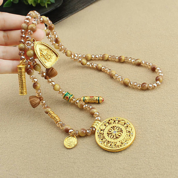 Tigerauge Kette Lotus Rundplatte Tibet Anhänger golden Naturstein