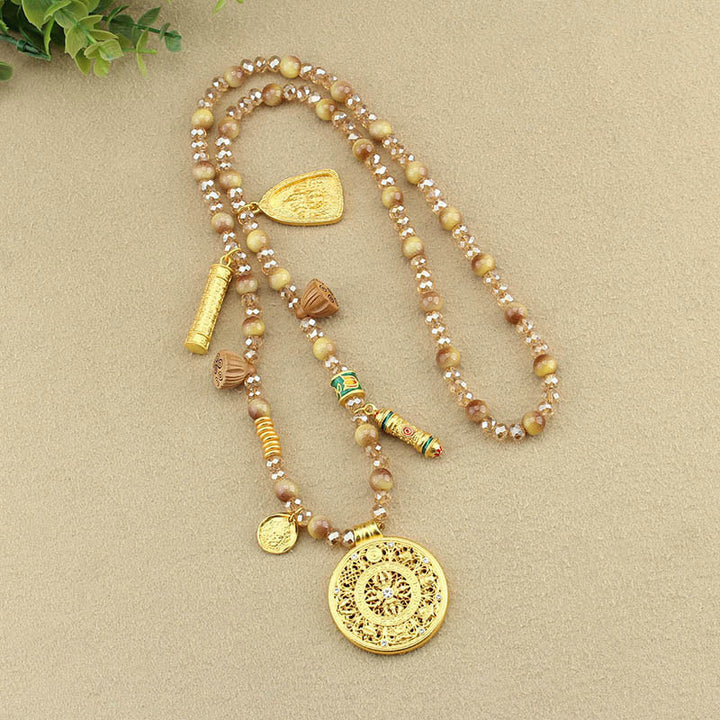 Tigerauge Mala Kette Tibet mit Lotus Rundplatte Meditations-Anhänger Naturstein