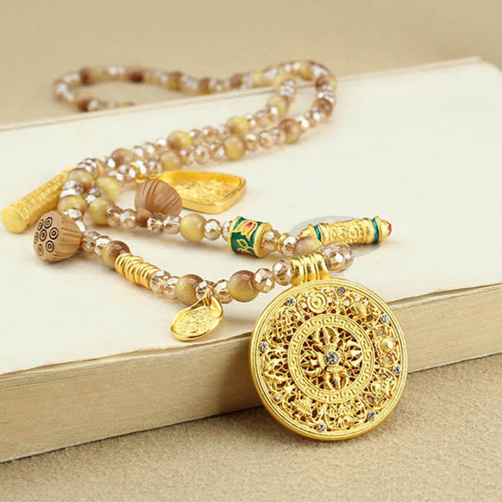 Tigerauge Kette Tibet Lotus Rundplatte Anhänger goldene Perlen