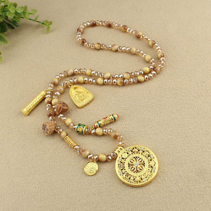 Tigerauge Kette Lotus Anhänger Rundplatte Tibet Edelstein Schmuck